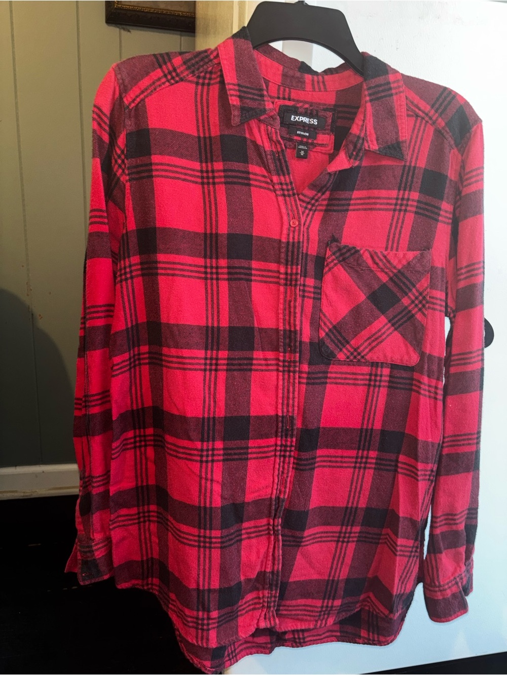 Express Red and Black Plaid Button-Down Shirt